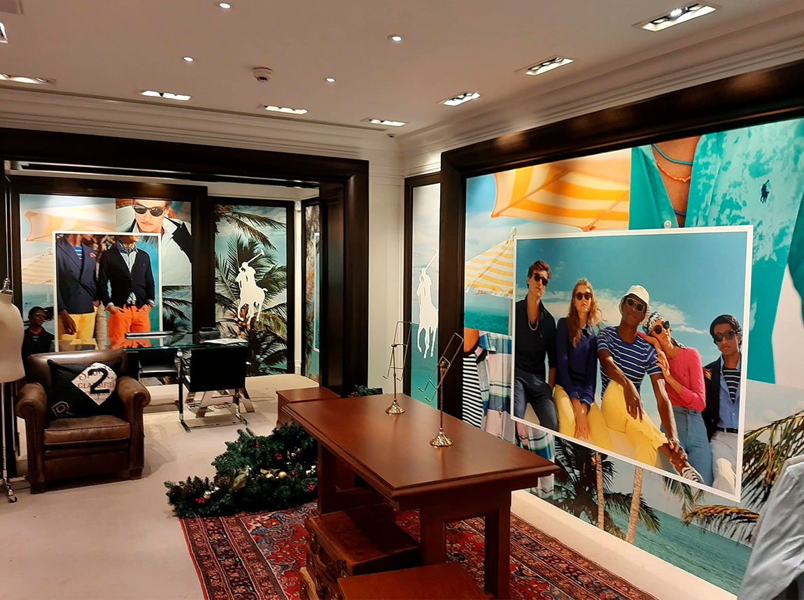 Impresión digital de gráficas en gran formato para la decoracion interior del showroom en Madrid de Ralph Lauren