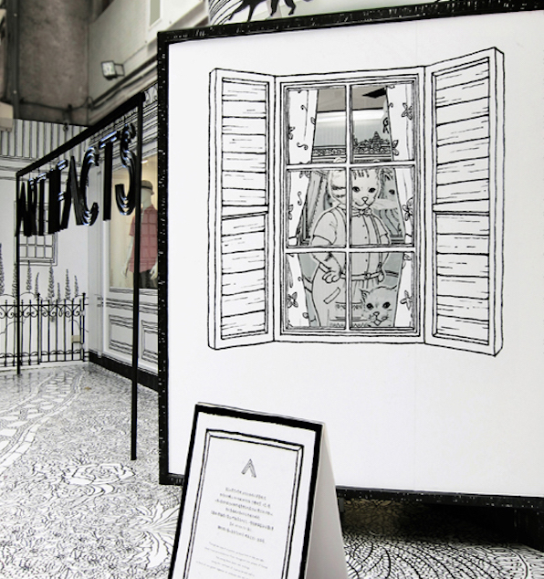 Cartelería ventana proyecto de Daizy Gallery para el aniversario ARTIFACTS