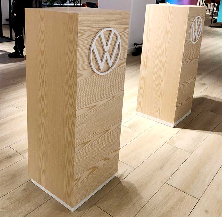 Totem made of wood with corporeal logo for Volkswagen event.