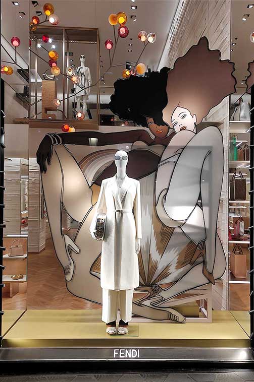 Fendi window decoration with large format methacrylate printing