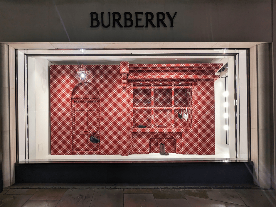 Burberry boutique shop window located on Bond Street London. Christmas campaign.