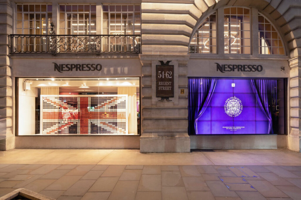 Activation in Nespresso store windows, “Jewels of Nespresso”, for the Royal Coronation. Regent Street, London.