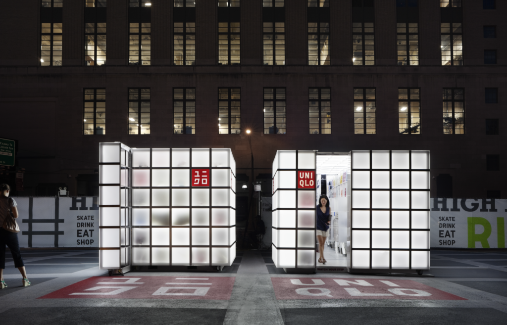 Temporary space by UNIQLO with design by HWKN incorporating natural light and translucent materials for a backlit effect.